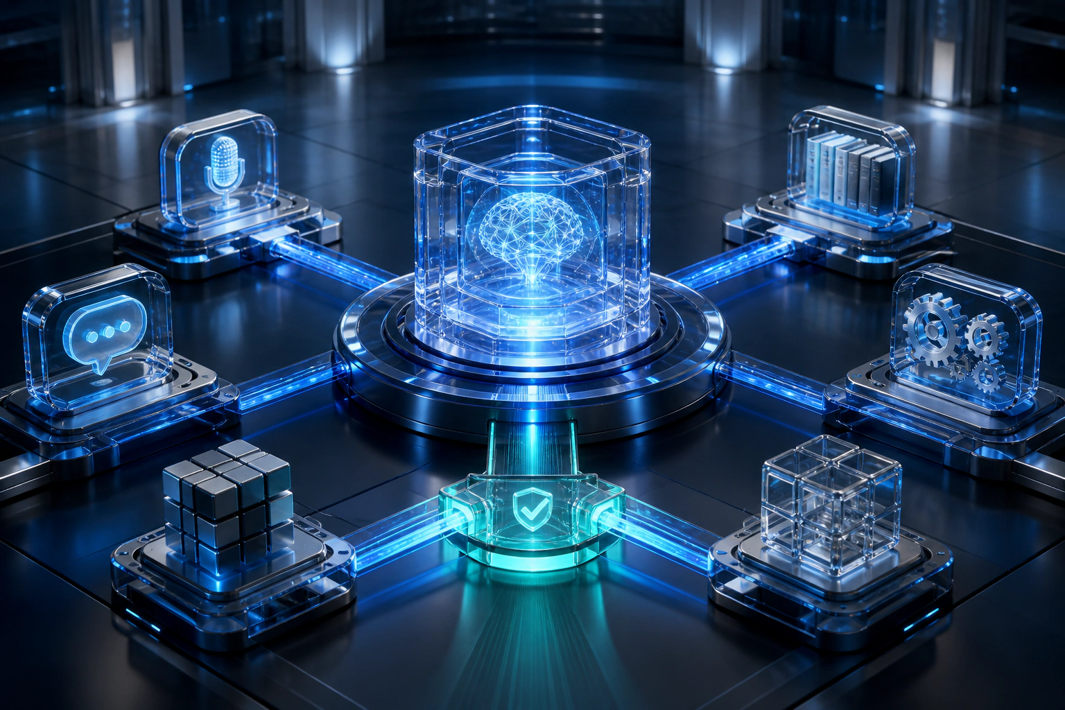 A controlled AI orchestration core connected to business systems.