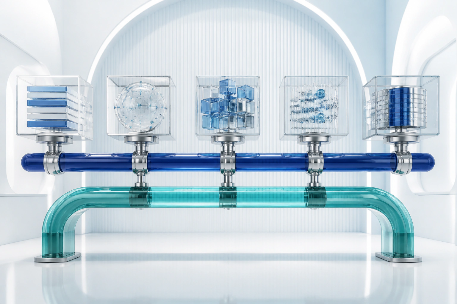 Five tailored business-system modules connected through one cobalt operating spine and a teal approval bridge.